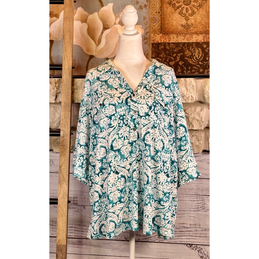 Rebecca Malone Woman 3X Teal White Damask Print Roll Tab Sleeve Tunic Top